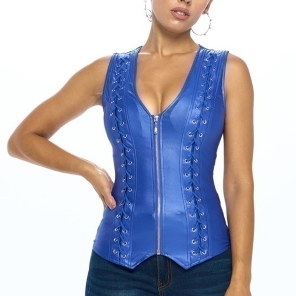 SEXY Faux Leather Zip Front Lace Up Strappy Fitted Halter Vest Blue